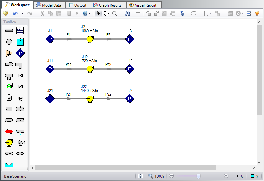 Layout of the pipe system for the Non-Newtonian Phosphates Pumping Example with all three cases.